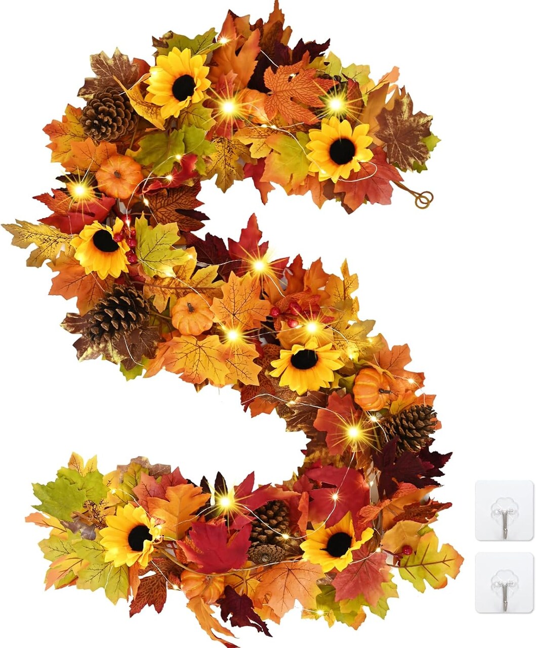5.7 Ft/Piece Lighted Sunflower Autumn Leaves Garland with Berry Pumpkin Decoration, Fall Flower Garland for Wedding Outdoor Mantle Thanksgiving Decor (1Pcs)